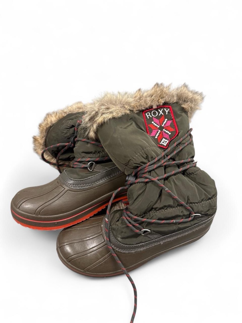 Roxy Olive Green and Orange Faux Fur Snow Boots